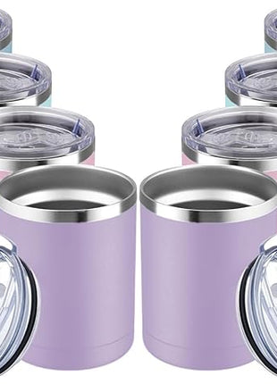 MEWAY 12oz Coffee Mug With Handle 2 Pack Bulk,Stainless Steel Insulated Travel Tumblers With Sliding Lid,Double Wall Vacuum Camping Cup for Hot & Cold Drinks Tea (Bubble Gum&Blue Waves,Set of 8)