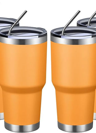 MEWAY 30oz Insulated Tumbler With Lids and Straws,Stainless Steel Double Vacuum Coffee Tumbler Cup, Brush, Durable Powder Coated Coffee Cup for Cold & Hot Drinks, Office, Travel(Orange,4 PACK)