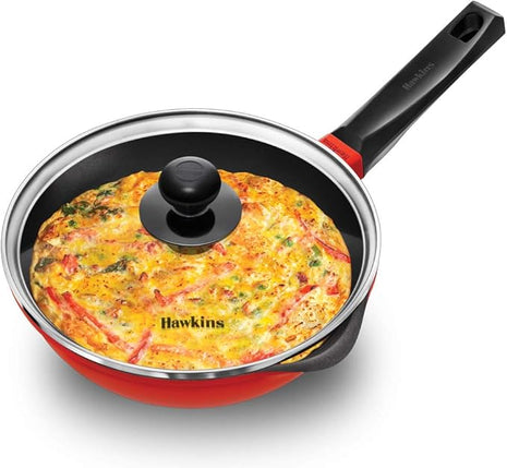 HAWKINS 24 cm Die Cast Induction Compatible Frying Pan with Glass Lid, Red (IDCF24G)