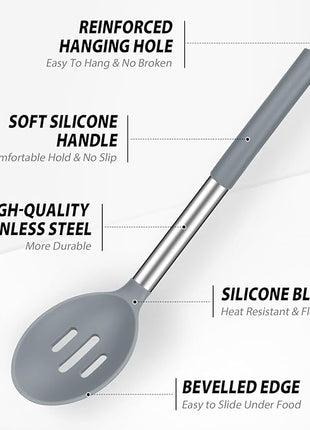 Pack of 2 Large Silicone Cooking Spoons, Non-Stick Stainless Steel Slotted and Solid Spoon Set for Serving, Mixing, Draining, Heat Resistant, Scratch Resistant and BPA Free Kitchen Scoops (Grey)