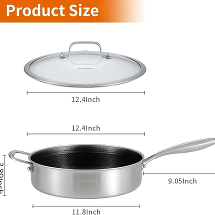 DELARLO Tri-Ply Stainless Steel 12 Inch Deep Frying Pan with lid,7QT Saute Pan Nonstick,Compatible with All Cooktops,Oven Up to 660℉,Chicken Fryer,Dishwasher-Friendly