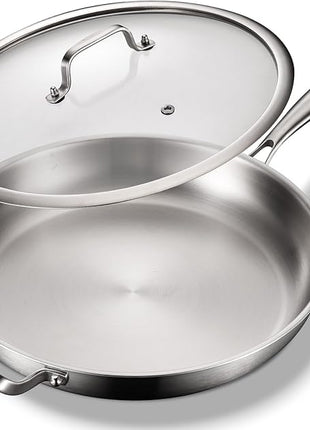 DELARLO Stainless Steel Pan, 14.2 Inch Frying Pan, Tri-Ply Skillet with Lid, Oven Safe Up to 600℉, Stainless Steel Cookware, Fast Even Heat, Large Cooking Surface,Non Toxic Large Skillet