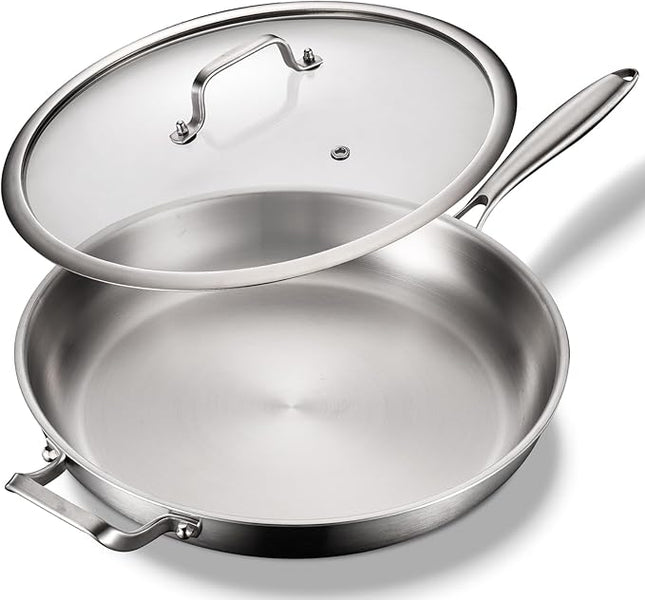 DELARLO Stainless Steel Pan, 14.2 Inch Frying Pan, Tri-Ply Skillet with Lid, Oven Safe Up to 600℉, Stainless Steel Cookware, Fast Even Heat, Large Cooking Surface,Non Toxic Large Skillet