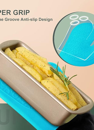 sungwoo Extra Long Silicone Oven Mitts, Heat Resistant Oven Gloves with Quilted Liner Non-Slip Textured Grip Perfect for BBQ, Baking, Cooking and Grilling - 1 Pair 14.6 Inch Turquoise & Black