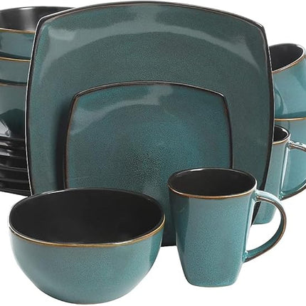 Gibson Elite Soho Lounge 16 Piece Reactive Glaze Dinnerware Set, Soft Square, Teal Green, Service for 4 (16pc)