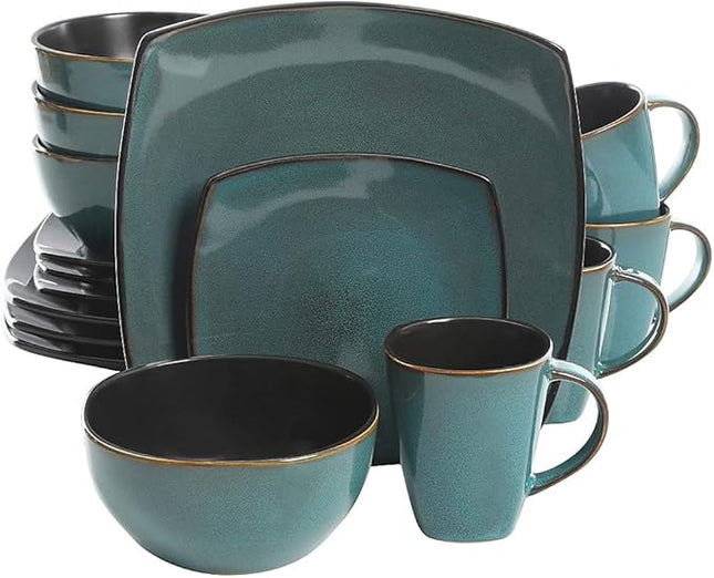 Gibson Elite Soho Lounge 16 Piece Reactive Glaze Dinnerware Set, Soft Square, Teal Green, Service for 4 (16pc)