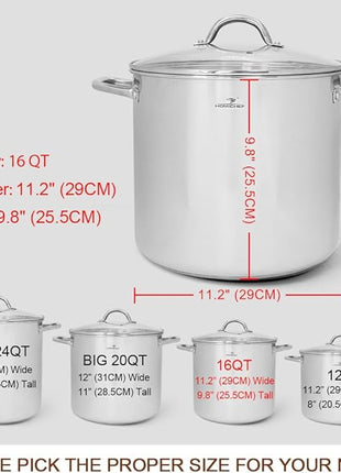 HOMICHEF 16 Quart LARGE Stock Pot with Glass Lid - NICKEL FREE Stainless Steel Healthy Cookware Stockpots with Lids 16 Quart - Mirror Polished Induction Cooking Pot
