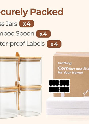 ComSaf 0.8 Qt Glass Jars with Bamboo Lids & Spoons Set of 4, Square Glass Containers with Lids, Sugar Coffee Containers Salt Spice Jars, Pantry Storage Container for Loose Tea, Candy, Brown Sugar, Nut