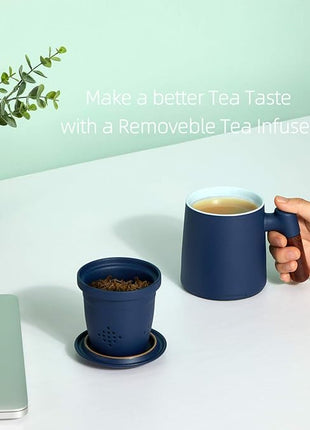 ZENS Tea Cup with Infuser and Lid for Loose Leaf Tea Steeper, 12oz Blue Ceramic Tea Mug with Fine Strainers, Wood Handle, Tea Lovers Gifts