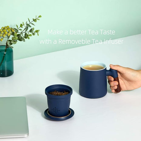 ZENS Tea Cup with Infuser and Lid for Loose Leaf Tea Steeper, 12oz Blue Ceramic Tea Mug with Fine Strainers, Wood Handle, Tea Lovers Gifts
