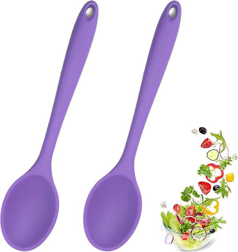 Meajore 2 Pcs Silicone Spoons for Cooking Heat Resistant, Hygienic Design Cooking Utensi Mixing Spoons for Kitchen Cooking Baking Stirring Mixing Tools (Purple)