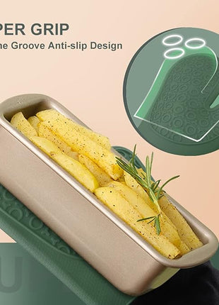 sungwoo Extra Long Silicone Oven Mitts, Heat Resistant Oven Gloves with Quilted Liner Non-Slip Textured Grip Perfect for BBQ, Baking and Cooking - 1 Pair 14.6 Inch Midnight Green & Black