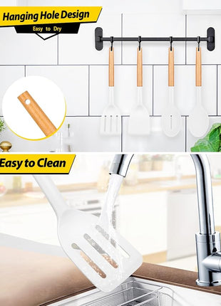Pack of 4 Silicone Cooking Utensils Set, Non Stick Solid Spatulas and Heat Resistant Slotted Spoons with Wooden Handle, Ideal Wood Kitchen Utensils Set for Frying,Serving,Turning,Stirring (WHITE)