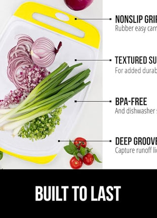 GORILLA GRIP BPA-Free Reversible Kitchen Cutting Board Set of 3, US Designed, Nonporous, Juice Grooves Catch Liquid, Slip Resistant Border, Dishwasher Safe, Durable Large Food Chopping Boards, Yellow