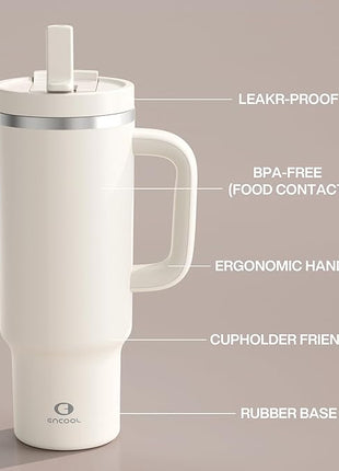 40 oz Tumbler with Handle and Straw: Stainless Steel Insulated Tumbler Keeps Cold for 24 Hours, Leakproof Travel Cup Fits in Cup Holder and BPA-Free, Cream Moon