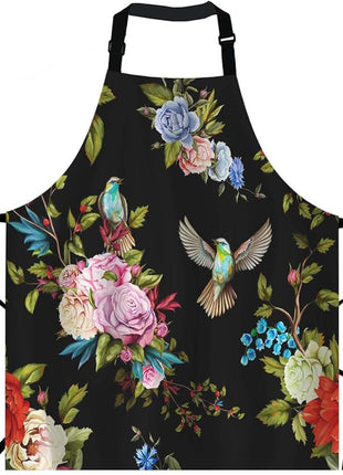 EKOBLA Flower Aprons Wild Flowers Peony Roses Lily Nightingale Cornflower Black Background Waterproof Resistant Chef Cooking Kitchen BBQ Adjustable Aprons for Women Men 27x31 Inch
