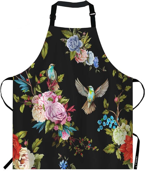 EKOBLA Flower Aprons Wild Flowers Peony Roses Lily Nightingale Cornflower Black Background Waterproof Resistant Chef Cooking Kitchen BBQ Adjustable Aprons for Women Men 27x31 Inch