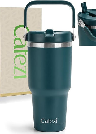 30 oz Tumbler with Lid and Straw, Stainless Steel Vacuum Insulated Tumblers with Flip Straw and Top Handle, Reusable Insulated Water Bottle for Home, Office, Leakproof, Fit in Cup Holder