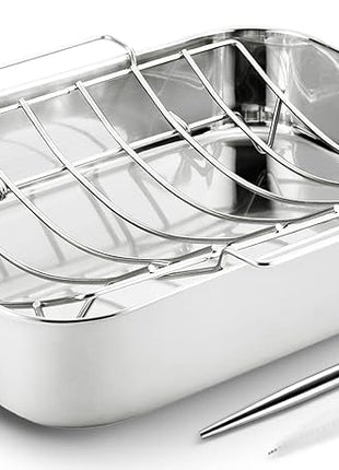 JY COOKMENT Roasting Pan with Baking Rack, 16.5 Inch Stainless Steel Turkey Roaster with Rack, Baster. Great for Turkey, Chicken, Ham, Vegetables