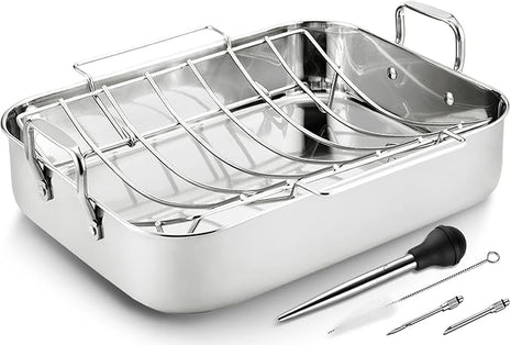 JY COOKMENT Roasting Pan with Baking Rack, 16.5 Inch Stainless Steel Turkey Roaster with Rack, Baster. Great for Turkey, Chicken, Ham, Vegetables