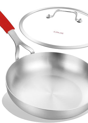 DELARLO Tri-Ply Stainless Steel 8 inch Frying Pan With Lid, Oven Safe Induction Skillet, Suitable for All Stoves Up to 600℉（Lids 300℉）
