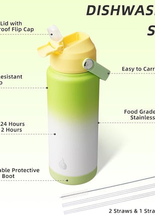 BJPKPK Water Bottle with Straw Lid, 24oz Vacuum Insulated Water Bottles, Metal Stainless Steel Thermo for Sports, Travel, BPA Free Leak Proof Thermo, Cups, Flasks, Tumblers,Green