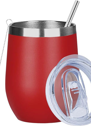 MEZMUT 12 Oz Insulated Wine Tumbler with Lid Double Wall Vacuum Stainless Steel Wine Glass Coffee Mug Insulated Tumbler Cup for Champaign, Cocktail, Beer (Red, 1 Pack)