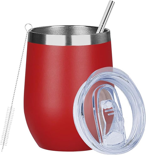 MEZMUT 12 Oz Insulated Wine Tumbler with Lid Double Wall Vacuum Stainless Steel Wine Glass Coffee Mug Insulated Tumbler Cup for Champaign, Cocktail, Beer (Red, 1 Pack)