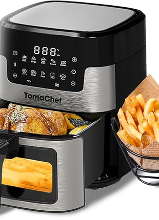 Air Fryer 10-in-1, 5.3QT Compact Oil Free Cooker with Visible Window & Dishwasher Safe Basket，Healthy Cooking, Digital Control for Family