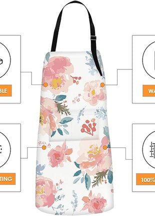 Britimes Apron Home Kitchen Cooking Baking Gardening for Women Men With Pockets Romantic Floral Flower Rose Pink 32x28 inch