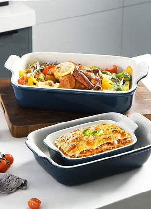 Sweejar Baking Pans Set, Ceramic 9x13 Baking Dish with Handle, Rectangular Casserole Dishes for Oven, Bakeware Sets of 3, Durable Lasagna Pan Deep for Kitchen, Banquet, Wedding Gift(Navy)