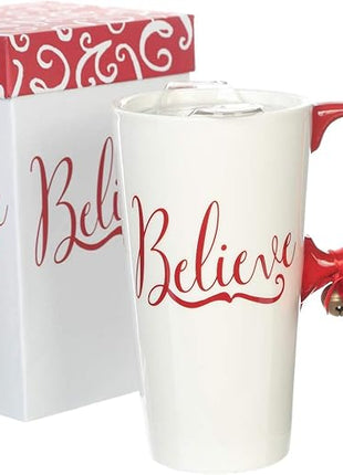 Topadorn 17oz Christmas Ceramic Travel Coffee Mug with Lid Tea Cup with Color Box, Microwave & Dishwasher Safe, Xmas Coffee Mug for Latte & Hot Chocolate, Holiday Gift Her Him, Believe