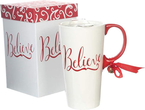 Topadorn 17oz Christmas Ceramic Travel Coffee Mug with Lid Tea Cup with Color Box, Microwave & Dishwasher Safe, Xmas Coffee Mug for Latte & Hot Chocolate, Holiday Gift Her Him, Believe