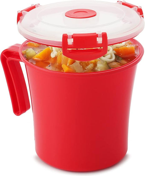 Tafura 22oz Microwave Soup Mugs with Handles, 2 Pack - Red Mug with Clear Lid