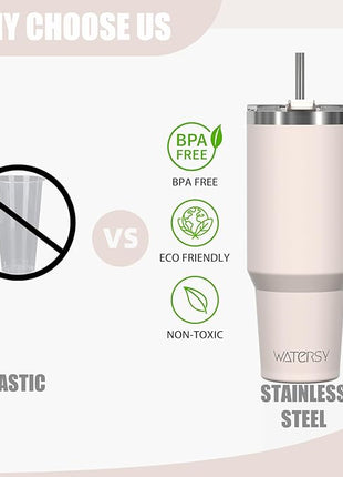40 oz Tumbler with Handle,Tumbler with Lid and Straw,Double Wall Insulated Cup Stainless Steel Travel Mug(Cold for 34 Hours),Water Bottle for Iced Tea,Coffee,Cold Beverages(Ivory Beige)