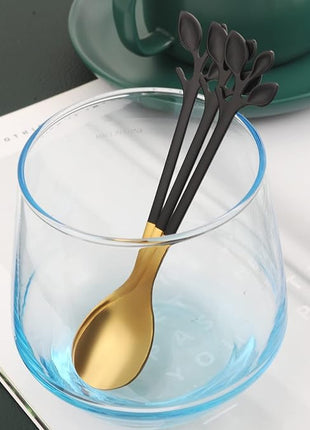 AnSaw Small Coffee Spoon Holder Set,Black Swan Base With 10 Pcs Black & Gold Demitasse Espresso Spoons Set,4.7" Mini Leaf Dessert Spoon,Stainless Steel Tea Spoons