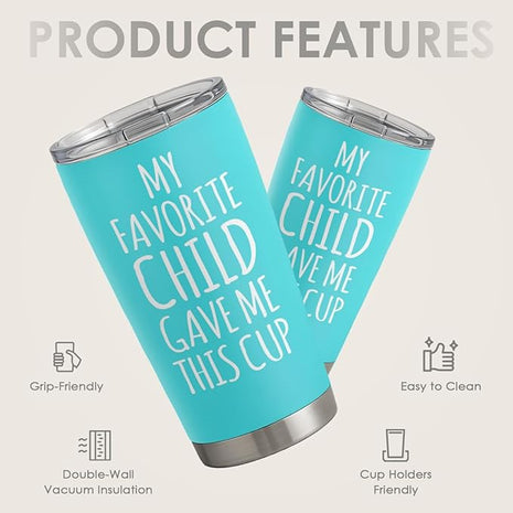 SANDJEST Mom Tumbler Gift for Mom from Son, Daughter - My Favorite Child Gave Me This Cup 20oz Insulated Travel Mug - Awesome Mother's Day, Birthday, Christmas Tumblers Gifts Idea for Moms