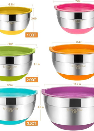 Umite Chef Mixing Bowls with Airtight Lids, 6 Piece Stainless Steel Metal Bowls, Measurement Marks & Colorful Non-Slip Bottoms Size 7, 3.5, 2.5, 2.0,1.5, 1QT, Great for Mixing & Serving