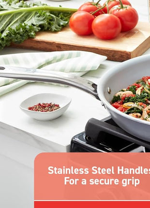 T-fal Fresh Gourmet Recycled Ceramic Non Stick Cookware Set 12 Piece, Oven Broiler Safe 500F, Lid Safe 350F, Kitchen Cooking Set W/Fry Pans, Saucepans, Dutch Oven, Utensils, Pots and Pans Set, Grey