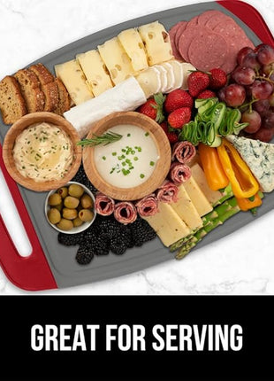 GORILLA GRIP BPA-Free Reversible Kitchen Cutting Board Set of 3, US Designed, Nonporous, Juice Grooves Catch Liquid, Slip Resistant Border, Dishwasher Safe, Durable Large Food Chopping Boards Red Gray