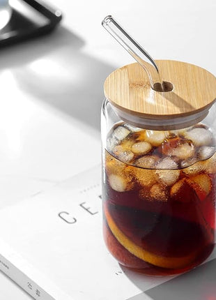 Drinking Glasses with Bamboo Lids and Glass Straw 4PCS Set, 16oz Glass Cups with Lids and Straws, Beer, Iced Coffee Glasses, Soda, Gift 1 Cleaning Brushes