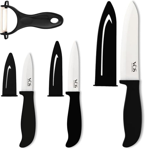 Vos Ceramic Knife Set with Peeler, Ceramic Knives Set For Kitchen, Ultra Sharp Kitchen Knife Set with Covers, 3" 4" 6" Paring, Utility & Chef Knife, Lightweight, Dishwasher safe (Black Handle)