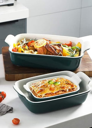 Sweejar Baking Pans Set, Ceramic 9x13 Baking Dish with Handle, Rectangular Casserole Dishes for Oven, Bakeware Sets of 3, Durable Lasagna Pan Deep for Kitchen, Banquet, Wedding Gift(Jade)