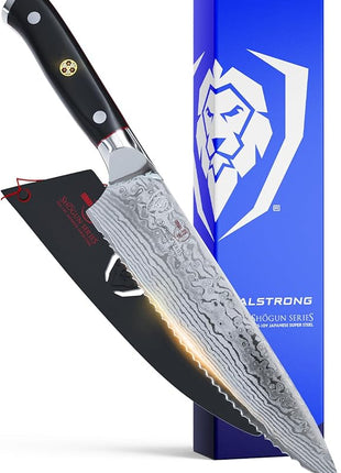Dalstrong Serrated Chef Knife - 7.5 inch - Shogun Series Elite - Damascus - Japanese AUS-10V Super Steel - Razor Sharp Chef's Knife - Black G10 Handle - w/Sheath