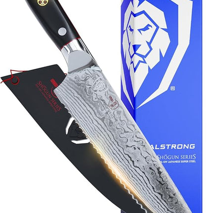 Dalstrong Serrated Chef Knife - 7.5 inch - Shogun Series Elite - Damascus - Japanese AUS-10V Super Steel - Razor Sharp Chef's Knife - Black G10 Handle - w/Sheath
