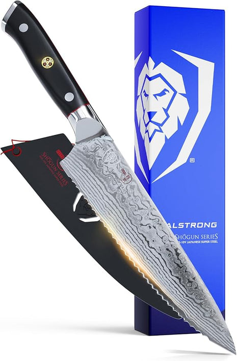 Dalstrong Serrated Chef Knife - 7.5 inch - Shogun Series Elite - Damascus - Japanese AUS-10V Super Steel - Razor Sharp Chef's Knife - Black G10 Handle - w/Sheath