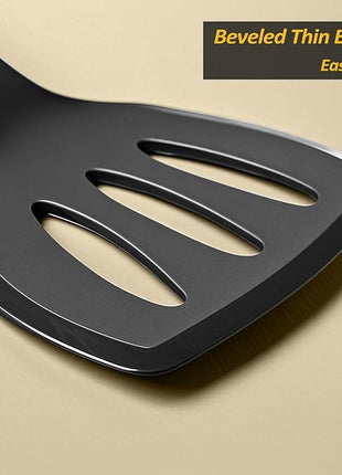 Silicone Pancake Spatula Turner with Lengthened Handle& Seamless Design, Heat Resistant Slotted Flipper for Nonstick Cookware, Large Flexible Kitchen Utensils for Egg, Pancake, Burger, Black