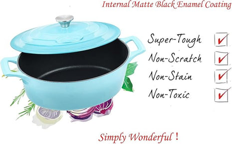 La Cuisine Enameled Cast Iron Oval Dutch Oven Casserole Pot with Lid 5 QT Internal Matte Black Enamel for bread baking, 2-ton Teal Enamel Coating Finish Exterior,Oven Safe up to 500° F