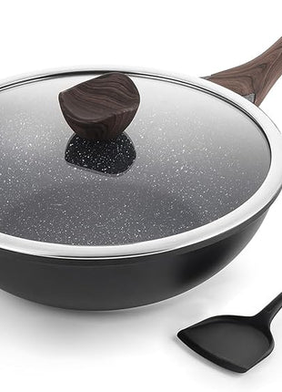 Kordisen Nonstick Wok with Lid, 12 Inch Woks & Stir-fry Pans, Granite Stone Coating for Cooking, Induction Cookware, Compatible with All Stovetops, PFOA Free