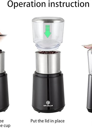 DR MILLS DM-7451 Electric Coffee Grinder, Coffee Bean Grinder Electric Dried Spice, Nut, Herb Grinder, Detachable Cup, Dishwashable, SUS304 Stainless Steel